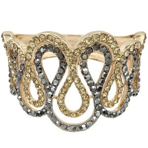 Gold Topaz & Hematite Grey Curl Line Chunky Statement Hinged Bangle Bracelet